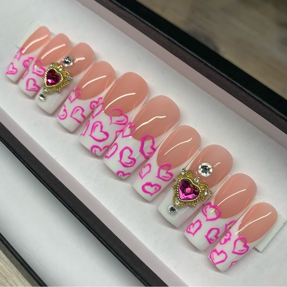 French Nails with Pink Hearts and Charms - Picture 4 of 4